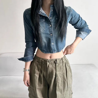 Slim Washed Pocket Denim Shirt Long Sleeve Blue