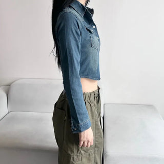 Slim Washed Pocket Denim Shirt Long Sleeve Blue