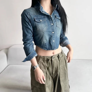 Slim Washed Pocket Denim Shirt Long Sleeve Blue