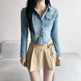 Slim Washed Pocket Denim Shirt Long Sleeve Blue