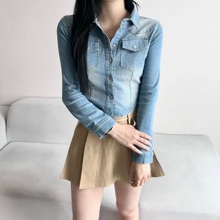 Slim Washed Pocket Denim Shirt Long Sleeve Blue