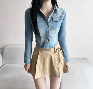 Slim Washed Pocket Denim Shirt Long Sleeve Blue