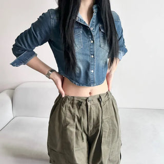 Slim Washed Pocket Denim Shirt Long Sleeve Blue
