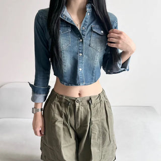Slim Washed Pocket Denim Shirt Long Sleeve Blue