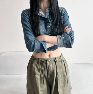 Slim Washed Pocket Denim Shirt Long Sleeve Blue