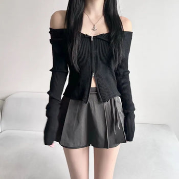 Ribbed Two-Way Off-Shoulder Knit Long Sleeve Zipper Transitional