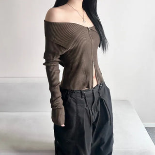 Ribbed Two-Way Off-Shoulder Knit Long Sleeve Zipper Transitional