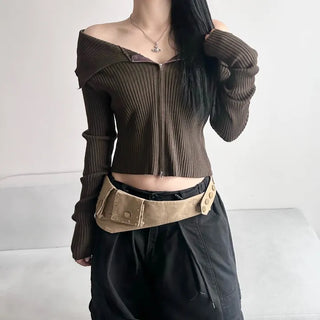 Ribbed Two-Way Off-Shoulder Knit Long Sleeve Zipper Transitional