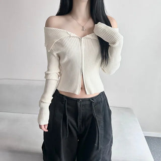 Ribbed Two-Way Off-Shoulder Knit Long Sleeve Zipper Transitional