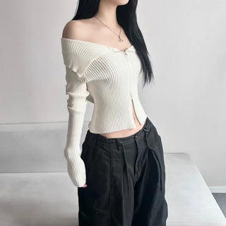 Ribbed Two-Way Off-Shoulder Knit Long Sleeve Zipper Transitional