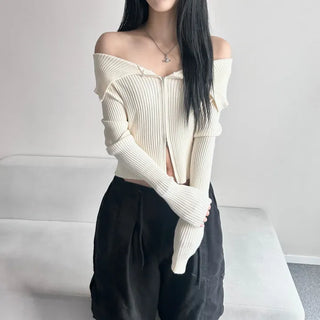 Ribbed Two-Way Off-Shoulder Knit Long Sleeve Zipper Transitional
