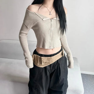 Ribbed Two-Way Off-Shoulder Knit Long Sleeve Zipper Transitional