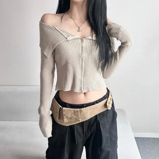 Ribbed Two-Way Off-Shoulder Knit Long Sleeve Zipper Transitional
