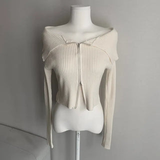 Ribbed Two-Way Off-Shoulder Knit Long Sleeve Zipper Transitional