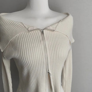 Ribbed Two-Way Off-Shoulder Knit Long Sleeve Zipper Transitional