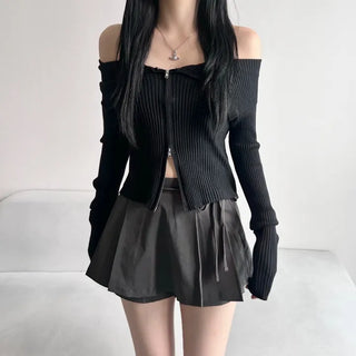Ribbed Two-Way Off-Shoulder Knit Long Sleeve Zipper Transitional