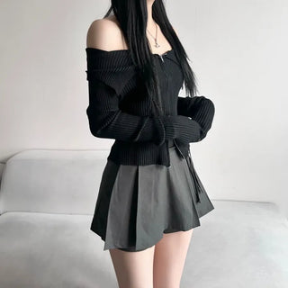 Ribbed Two-Way Off-Shoulder Knit Long Sleeve Zipper Transitional