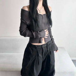 Ribbed Two-Way Off-Shoulder Knit Long Sleeve Zipper Transitional