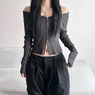 Ribbed Two-Way Off-Shoulder Knit Long Sleeve Zipper Transitional