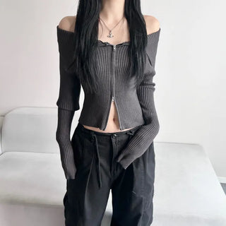 Ribbed Two-Way Off-Shoulder Knit Long Sleeve Zipper Transitional