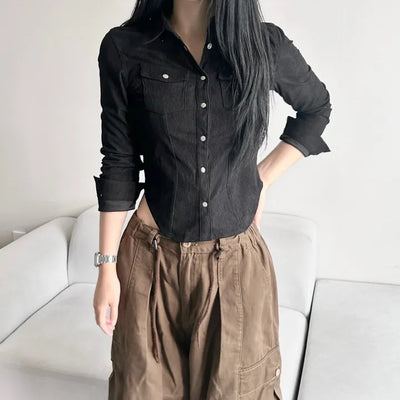 Corduroy Snap Button Pocket Long Sleeve Shirt Autumn