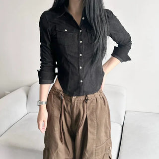 Corduroy Snap Button Pocket Long Sleeve Shirt Autumn