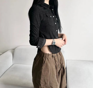 Corduroy Snap Button Pocket Long Sleeve Shirt Autumn