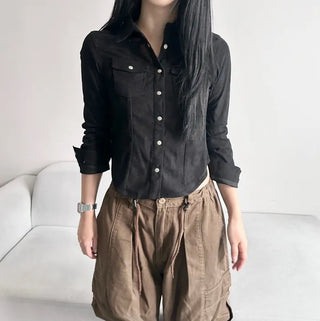 Corduroy Snap Button Pocket Long Sleeve Shirt Autumn