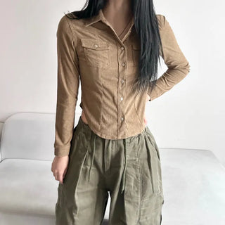 Corduroy Snap Button Pocket Long Sleeve Shirt Autumn