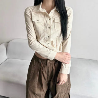 Corduroy Snap Button Pocket Long Sleeve Shirt Autumn