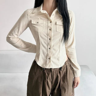 Corduroy Snap Button Pocket Long Sleeve Shirt Autumn