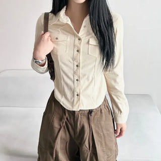 Corduroy Snap Button Pocket Long Sleeve Shirt Autumn