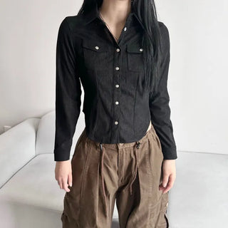 Corduroy Snap Button Pocket Long Sleeve Shirt Autumn