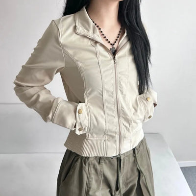 Ribbed Slim Zipper Vintage Jacket Crop Look Grunge