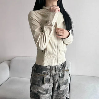 Ribbed Slim Zipper Vintage Jacket Crop Look Grunge