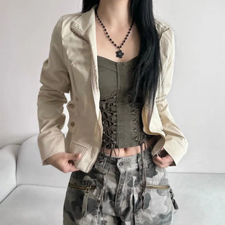 Ribbed Slim Zipper Vintage Jacket Crop Look Grunge