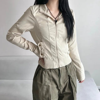 Ribbed Slim Zipper Vintage Jacket Crop Look Grunge