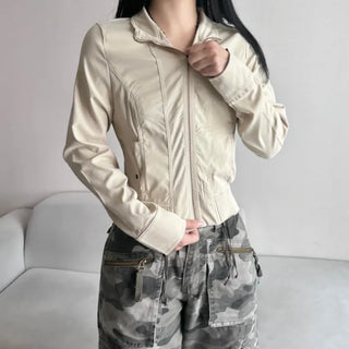 Ribbed Slim Zipper Vintage Jacket Crop Look Grunge