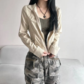 Ribbed Slim Zipper Vintage Jacket Crop Look Grunge