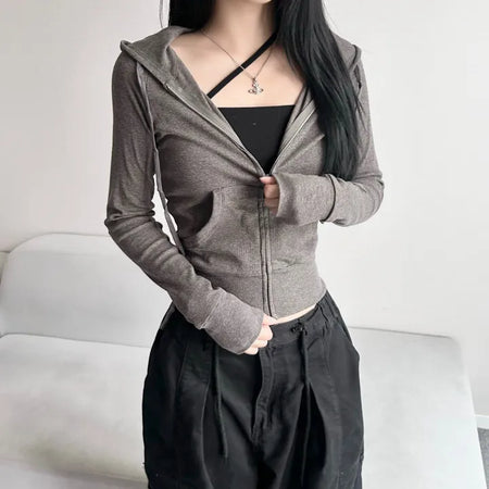 Stretchy Slim Fit Crop Ribbed Zip-up Hoodie Training