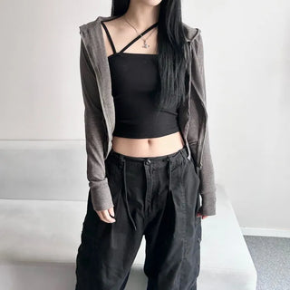 Stretchy Slim Fit Crop Ribbed Zip-up Hoodie Training