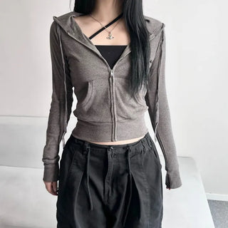 Stretchy Slim Fit Crop Ribbed Zip-up Hoodie Training