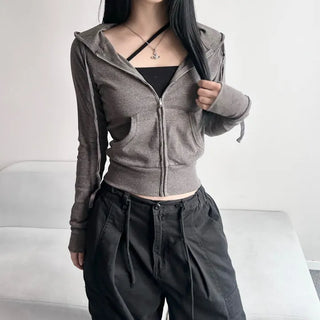 Stretchy Slim Fit Crop Ribbed Zip-up Hoodie Training