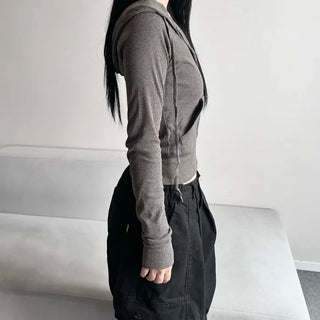 Stretchy Slim Fit Crop Ribbed Zip-up Hoodie Training