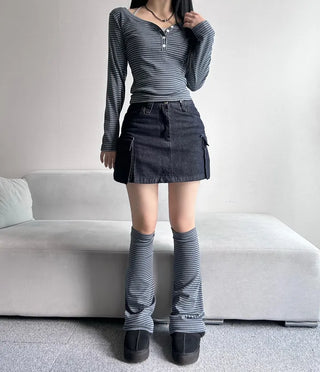 Striped V-Button Long Sleeve Tee Autumn New Arrival