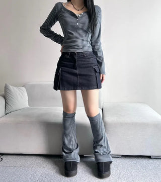 Striped V-Button Long Sleeve Tee Autumn New Arrival