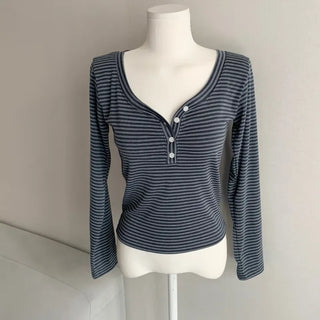 Striped V-Button Long Sleeve Tee Autumn New Arrival