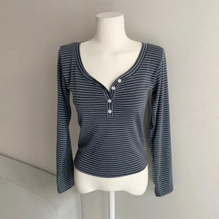 Striped V-Button Long Sleeve Tee Autumn New Arrival