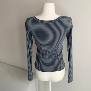 Striped V-Button Long Sleeve Tee Autumn New Arrival