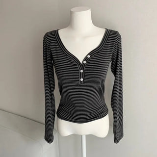 Striped V-Button Long Sleeve Tee Autumn New Arrival